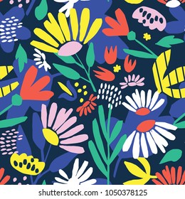Seamless pattern with bright abstract flowers and leaves on a blue background. Vector illustration. Seamless pattern with bright abstract flowers and leaves on a blue background. Vector illustration.