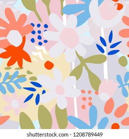 Seamless pattern with bright abstract flowers in cutout style. Vector illustration.