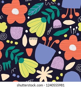 Patrón sin inconvenientes con flores abstractas brillantes en estilo de corte. Ilustración vectorial.