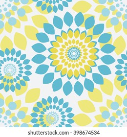 Seamless pattern with bright abstract flowers on white background. Use for print and web products: cards, banners, tags. 