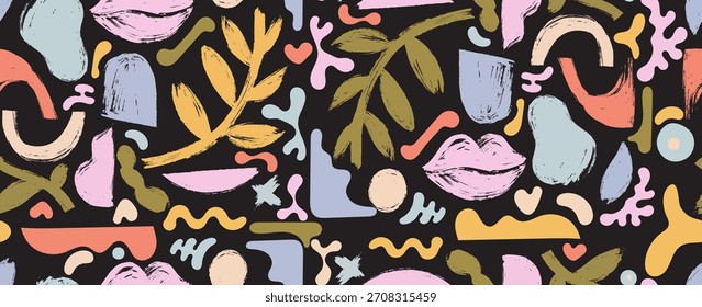 Seamless pattern of bright abstract geometric shapes and lines. Bold pencil doodles, squiggles, scribbles in Memphis kids style. Hand drawn brush strokes, curved vector lines, crowns, stars, punk vibe
