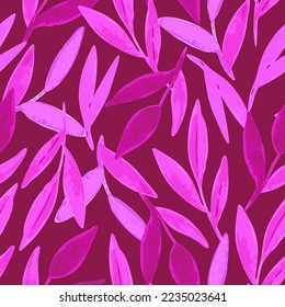 Seamless pattern with bright abstract magenta leaves in watercolor style for greeting cards and fabric