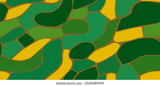Nahtloses Muster mit hellen abstrakten Mosaikflecken. Top Blick auf die Felder mit einer Kultur von Weizen, Roggen, Sojabohnen. Luftbild einer Landschaft. Natürliche Landwirtschaft. Flache Vektorgrafik