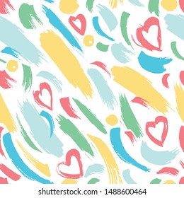 Seamless pattern with bright abstract ornament. Vector background with hearts. Dry brush.
