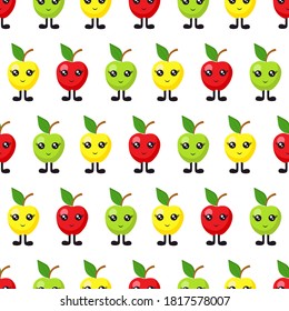 Seamless pattern with bright apples with eyes and legs on a white background. Print for bed linen and fabrics, wrapping paper and wallpaper.
