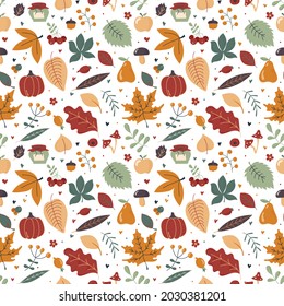 Seamless pattern. Bright autumn seamless pattern. Apple, pear, pumpkin, rowan, leaves, fruits, twigs, jam jar, mushrooms. Autumn. Bright colors. Vector illustration