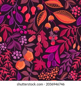 Seamless pattern with bright autumn berries and fruits on a purple background in the vector