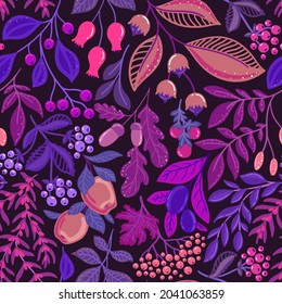 Seamless pattern with bright autumn berries and fruits on a dark purple background in the vector