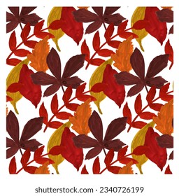 Seamless Pattern of bright autumn leaves, hand-painted, on a white background. A set of patterned elements for decorating fabric, gift wrapping paper, wallpaper in autumn colors, tablecloths