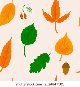 Seamless pattern with bright autumn leaves. Oak, maple, birch leaf green, orange and yellow colors
