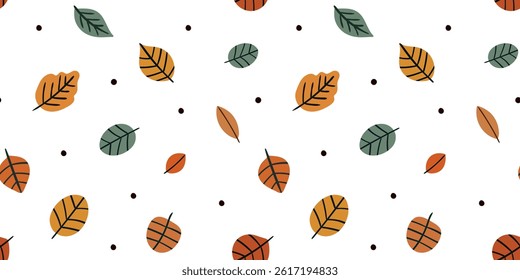 seamless pattern bright autumn leaves black polka dots on white background, modern simple fall design repeat, clean and cheerful autumn backdrop