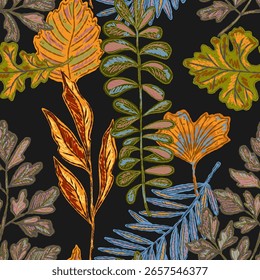 Padrão sem emenda com folhas de outono brilhantes. Bonito caprichoso mão desenhada queda folhagem. Natureza florestal. Vetor design têxtil botânico, papel de parede, impressão, papel de embrulho.