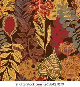 Patrón sin fisuras con hojas brillantes de otoño. Lindo follaje de otoño dibujado a mano. Naturaleza del bosque. Vector botánico diseño textil, Fondo de pantalla, impresión, papel de embalaje.