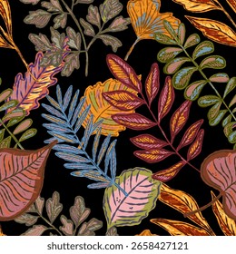 Seamless pattern with bright autumn leaves. Cute whimsical hand drawn fall foliage. Forest nature. Vector botanical textile design, wallpaper, print, wrapping paper.