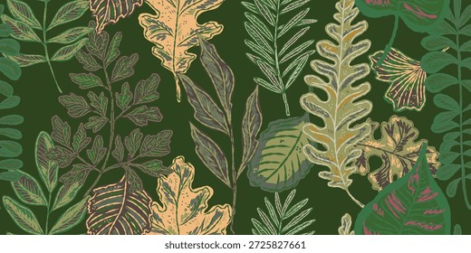 Patrón sin fisuras con hojas brillantes de otoño. Lindo follaje de otoño dibujado a mano. Naturaleza del bosque. Vector botánico diseño textil, Fondo de pantalla, impresión, papel de embalaje.