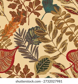 Patrón sin fisuras con hojas brillantes de otoño. Lindo follaje de otoño dibujado a mano. Naturaleza del bosque. Vector botánico diseño textil, Fondo de pantalla, impresión, papel de embalaje.