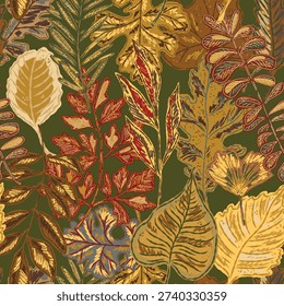 Seamless pattern with bright autumn leaves. Cute whimsical hand drawn fall foliage. Forest nature. Vector botanical textile design, wallpaper, print, wrapping paper.