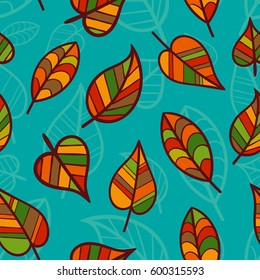 Seamless Pattern of Bright Autumn Leaves on Turquoise Backdrop for Cloth, Fabric, Textile, Tissue. Decorative Background Doodle Art. 