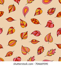 Seamless Pattern of Bright Autumn Leaves on Beige Backdrop. Continued Background of Falling Leaves for Cloth, Fabric, Textile, Tissue.