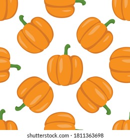 Seamless pattern with bright autumn orange pumpkins on a white background. Print for bed linen and fabrics, wrapping paper and wallpaper.
 Stock vector illustration for decoration and design.