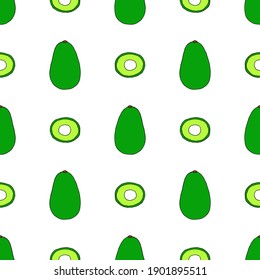 Seamless pattern with bright avocado and avocado slices on a white background.