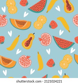 Seamless pattern of bright baby fruits such as watermelon, melon, pomegranate, banana, papaya and strawberry. Vector summer illustration. 
