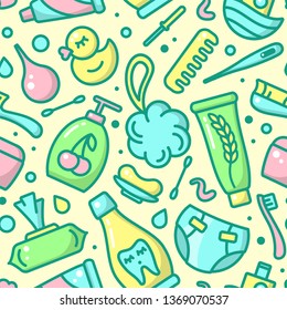 Seamless pattern with bright baby hygiene accessories. Suitable for wallpaper, wrapping or textile