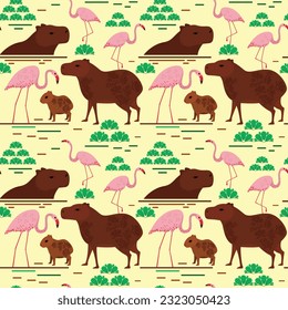 seamless pattern bright background capybaras and flamingos