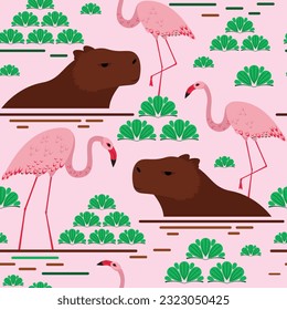 seamless pattern bright background capybaras and flamingos