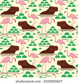 seamless pattern bright background capybaras and flamingos