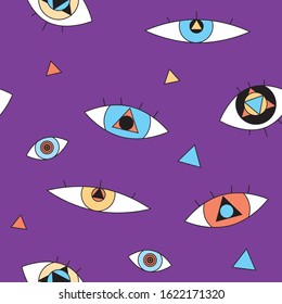 A seamless pattern with bright background and evil eye and ritual triangle. A linear vector stock illustration for printing onto fabric or paper and the occult.