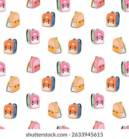 Seamless pattern with bright backpacks on a white background. Suitable for school theme, wallpaper, wrapping paper, vector flat style