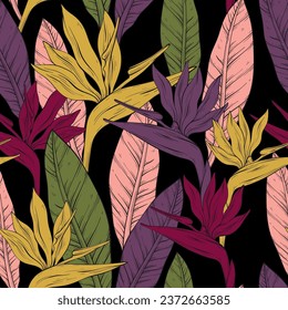 Seamless pattern with bright bird of paradise flowers and leaves of Strelitzia Reginae on black background. Vector illustration.