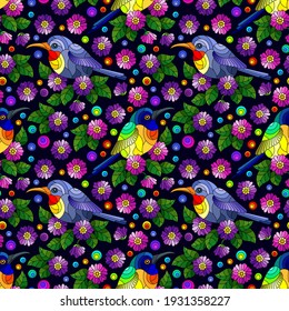 Seamless pattern with bright birds and flowers and leaves, colored animals  on a dark background