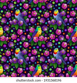Patrón sin foco con pájaros brillantes y flores y hojas, animales de color en un fondo oscuro