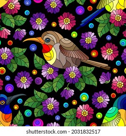 Seamless pattern with bright birds and flowers and leaves on a black background