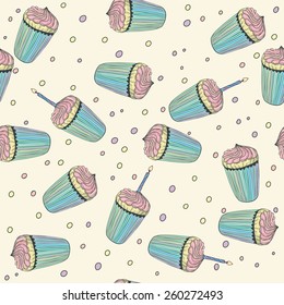 Seamless pattern with bright birthday cupcakes and a candle Vector eps10