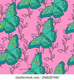 Patrón sin fisuras de mariposas azules brillantes y ramitas de contorno suave en una ilustración vectorial de fondo rosa
