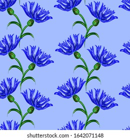 Seamless pattern with bright blue cornflowers on a blue background. Suitable for fabric, t-shirts, bed linen, packaging, napkins, postcards, backgrounds, knitwear, textiles.