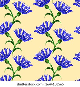 Seamless pattern with bright blue cornflowers on a yellow background. Suitable for fabric, t-shirts, bed linen, packaging, napkins, postcards, textiles, invitations, postcards.