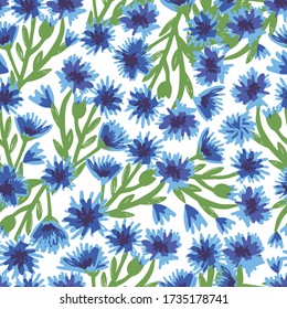 Patrón inmaculado con flores azules brillantes sobre un fondo blanco. Se pueden utilizar para tela, camisetas, ropa de cama, embalaje, servilletas, postales, telas, ropa de cama, ropa de cama, textiles.