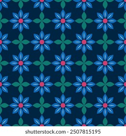 Modelo inconsútil con las Formas azules brillantes de la flor y las hojas verdes oscuras en un fondo azul oscuro. Adecuado para proyectos creativos o fondos digitales.