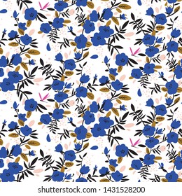 Seamless pattern with bright blue flowers on branches with pink dragonfly