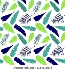 Seamless Pattern of Bright Blue and Green Tropical Leaves