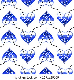 seamless pattern of bright blue hearts with bubbles inside on a white background  