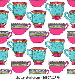 Seamless pattern with bright blue and pink cups on a white background. Vector image for packaging, fabric, postcards.
