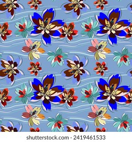 Flores azules, rojas y rosas brillantes sobre un fondo azul y gris para tela y papel pintado. Papel de envolver de regalo de flor de primavera natural