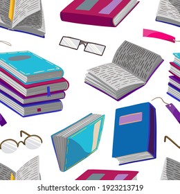 Seamless pattern of bright books, bookmarks, glasses. Hand drawn vector illustrations. Colored cartoon ornament on white background. Reading design for fabric, textile, wallpaper, print, decor, wrap.