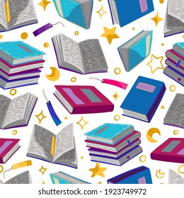 Seamless Pattern Of Bright Books, Bookmarks, Stars. Hand Drawn Vector Illustrations. Colored Cartoon Ornament On White Background. Reading Design For Fabric, Textile, Wallpaper, Print, Decor, Wrap.