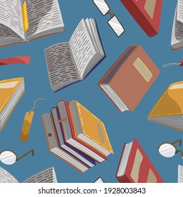 Seamless pattern of bright books, bookmarks, glasses. Hand drawn vector illustrations. Colored cartoon ornament on blue background. Reading design for fabric, textile, wallpaper, print, decor, wrap.